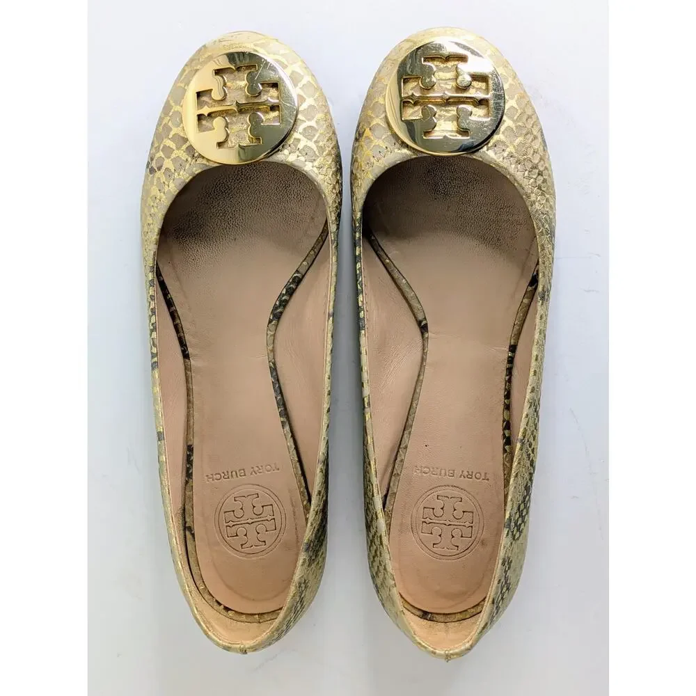 Tory Burch Reva Ballet Flats 7.5 Tan Gold Snakeskin Print Metallic Logo Round